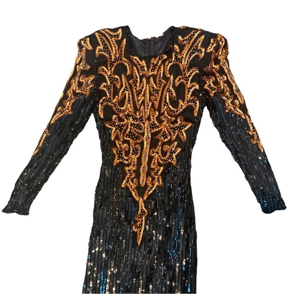 Vintage 100% Silk Black Gold Long Sleeve Beaded Sequin Evening Maxi Dress Size S - Picture 2 of 7